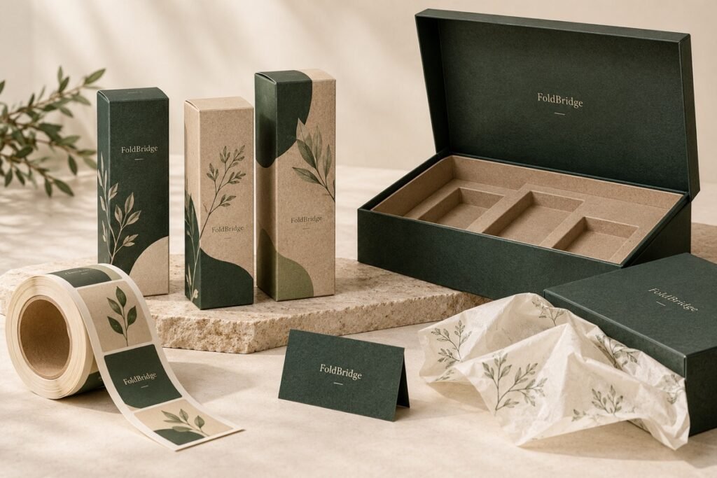 Coordinated beauty packaging concept with cartons, rigid box, labels and tissue