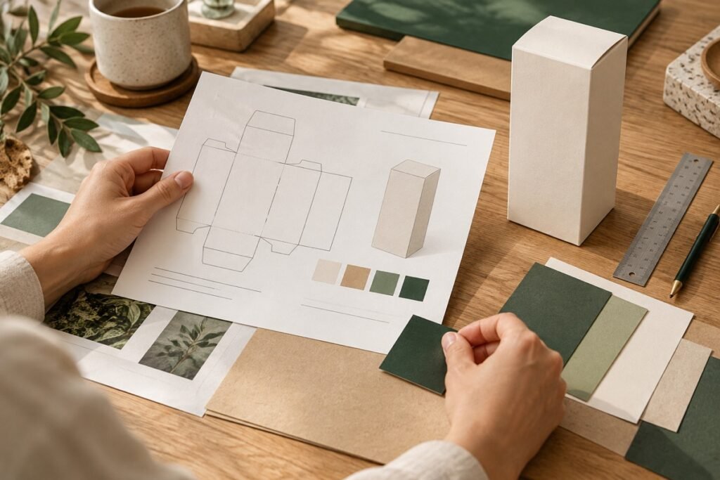 Workflow scene of hands organizing product dimensions and artwork references
