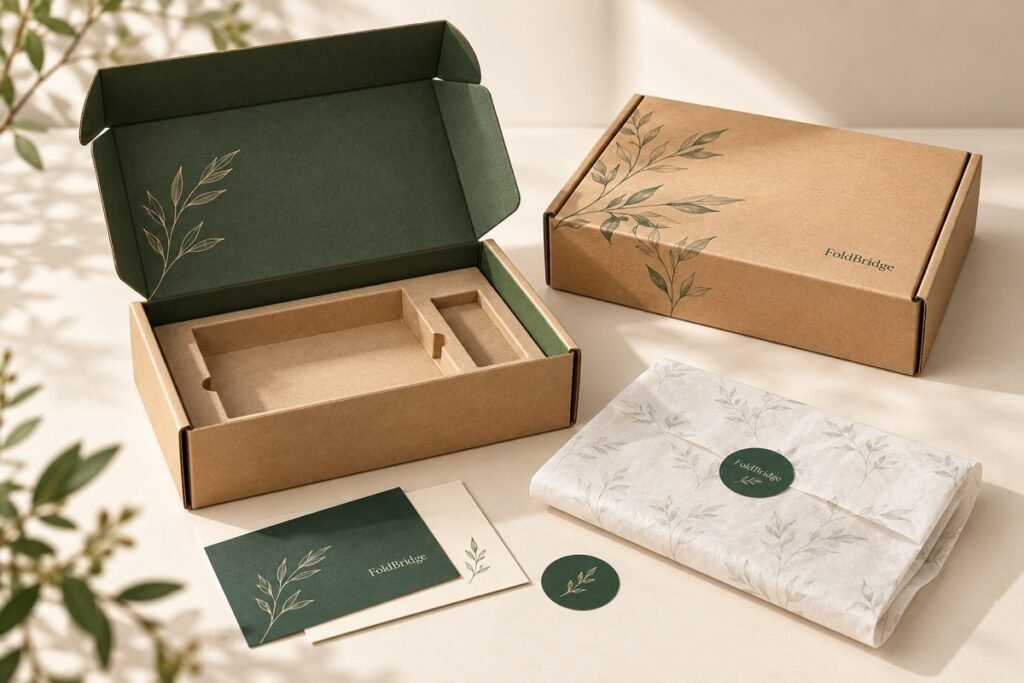 E-commerce pack-out concept with mailer, paper insert, tissue and card