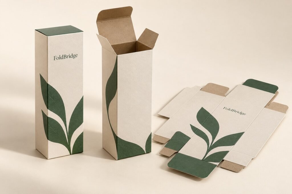 Folding carton concept with closed, open and flat paperboard forms