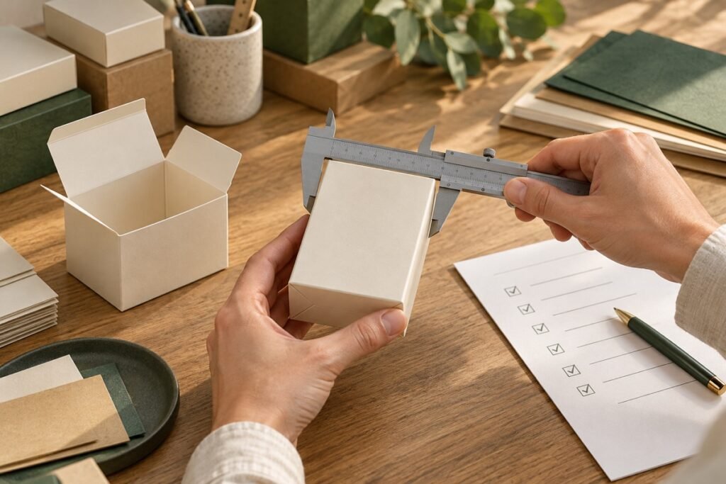 Workflow scene of hands checking a carton with a caliper