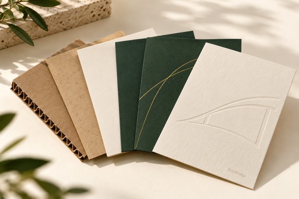 Paper material and finish concept swatches in ivory, kraft and forest green