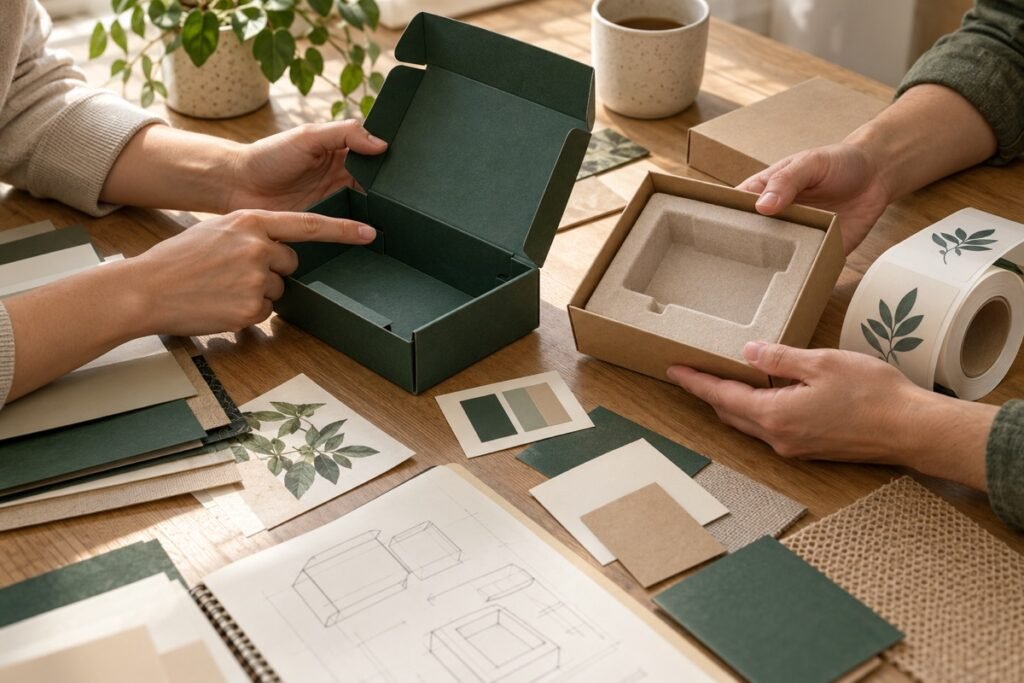 Workflow scene of hands reviewing a carton, paper insert and label together