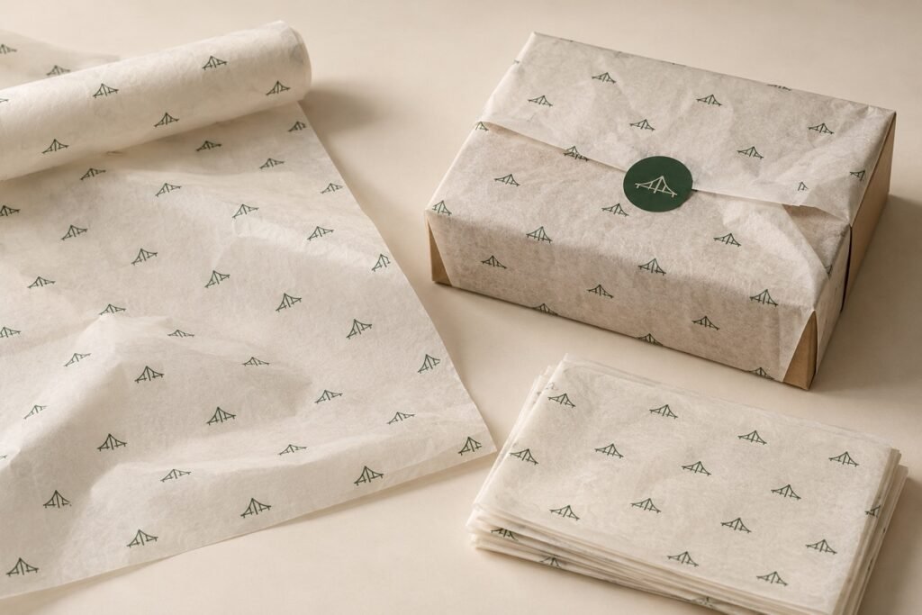 Branded tissue paper concept with repeated pattern and wrapped box